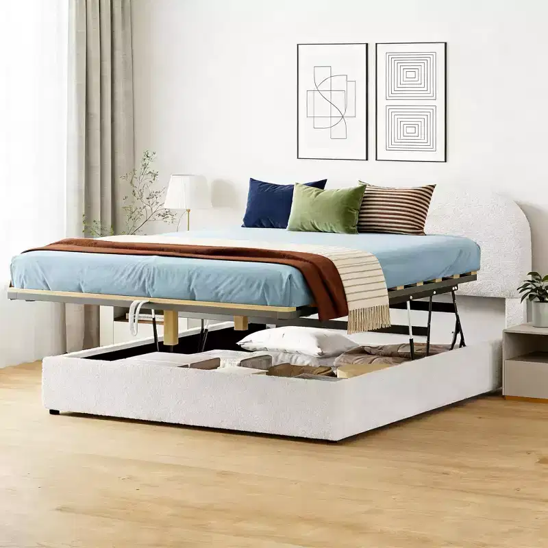 Queen Size Upholstered Bed with Lift-Up Storage - White