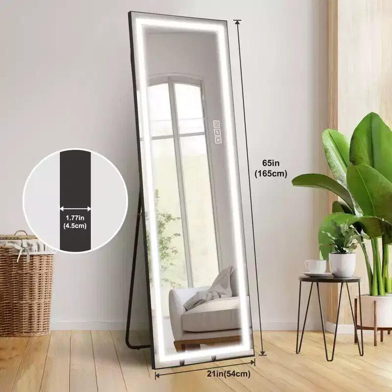 TUYOHW Modern Full Length Mirror with 3 Color LED Rectangle Standing Mirror Hanging Wall Mounted Leaning Mirrors for Living Room,Bedroom