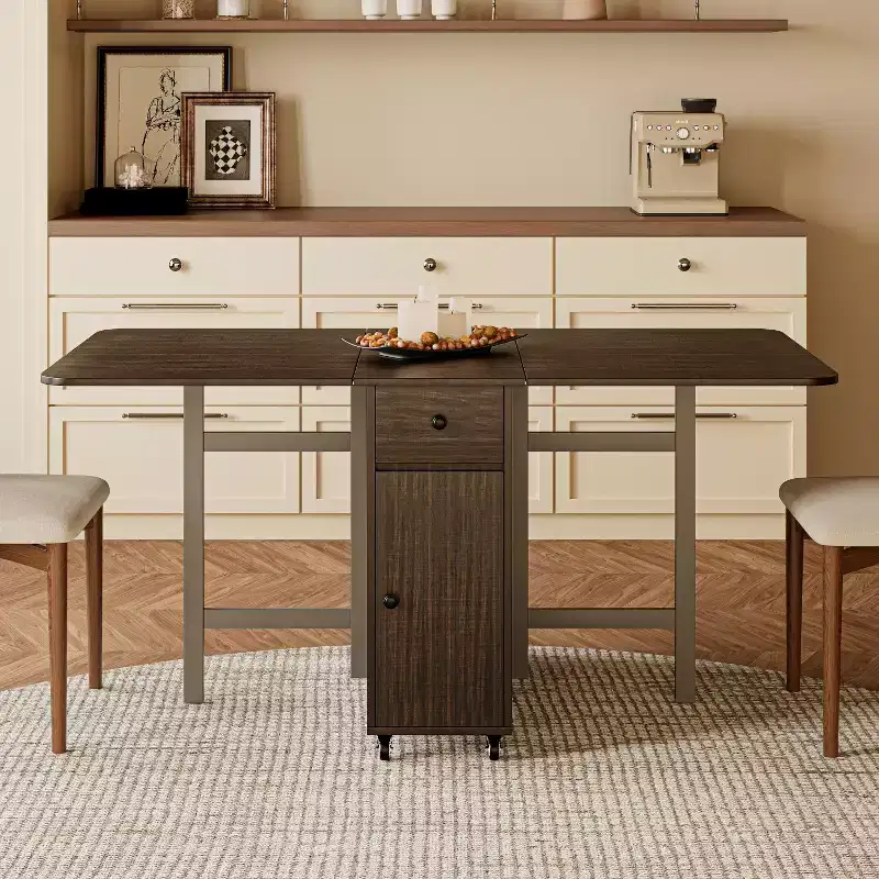 59'' Foldable Dining Table For Small Space, Rectangular Wood Folding Extendable Kitchen Table with Drop Leaves, No Assembly Required