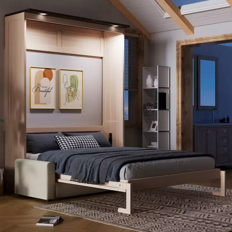 Queen Size Murphy Bed with Sofa, Wooden Queen Cabinet Bed Wall Bed with LED Light, Folding Wall Chest Bed with for Guest Room, Beige