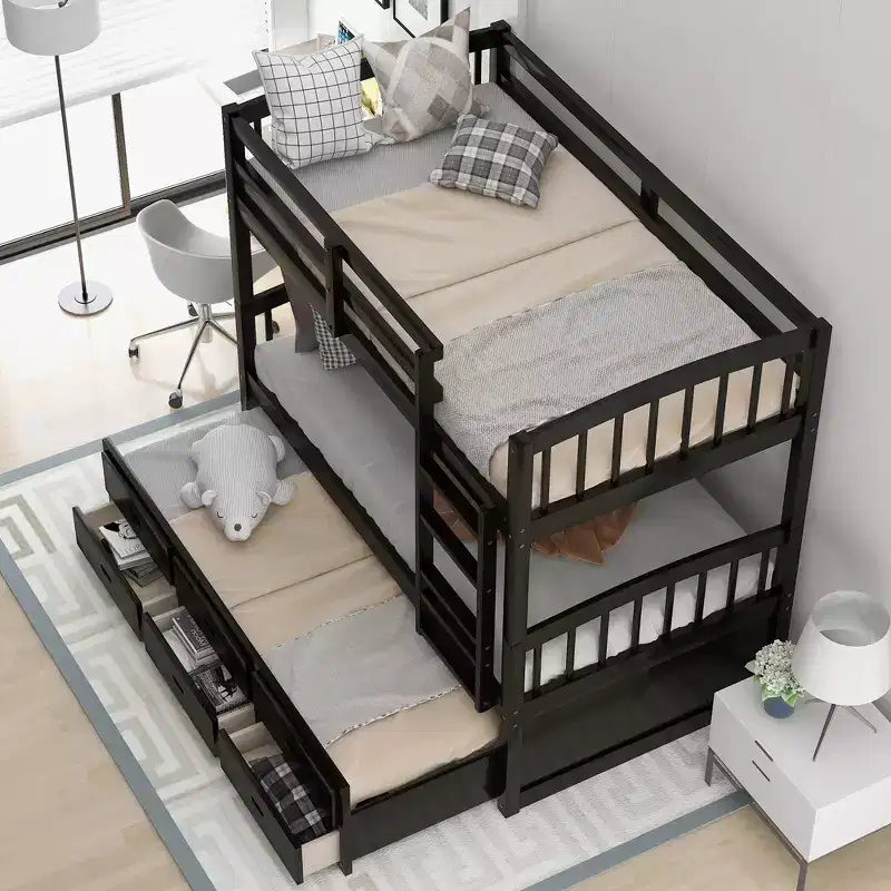 Wood Twin over Twin Bunk Bed with Ladder, Trundle & Drawers