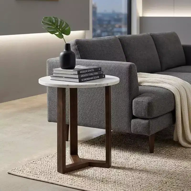Royal Hampton Fina 20 Inch Round Side End Table, White Genuine Marble Top, Natural Brown Mango Wood 3 Leg Sled Base