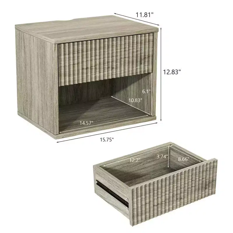 Gray Floating Nightstand with Drawer & Shelf – Set of 2
