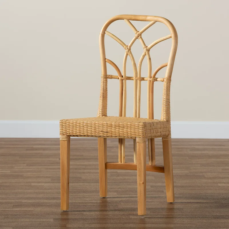 Monaco Modern Bohemian Oak Brown Finished Mahogany Wood and Natural Rattan Dining Chair