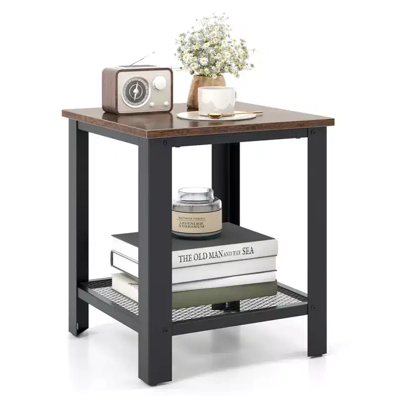 Costway Industrial End Table 2-Tier Side Table with Storage Shelf Rustic Sofa Table Black