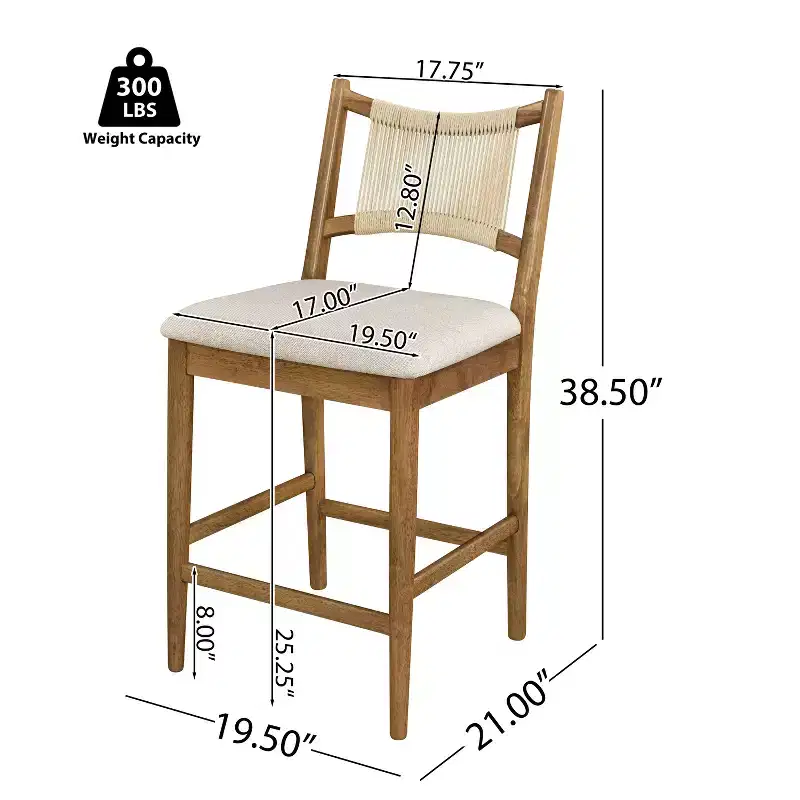 Set of 2 Modern Rubberwood Upholstered Counter Stools with Woven Rope Backrest, 300 lbs