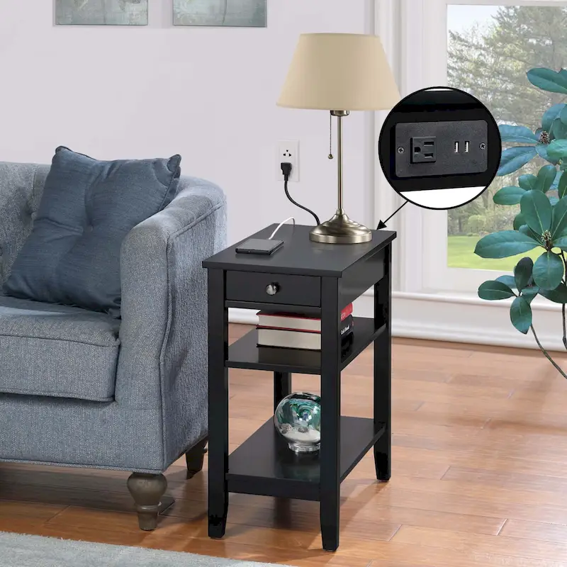 1 Drawer Chairside End Table with Charging Station and Shelves