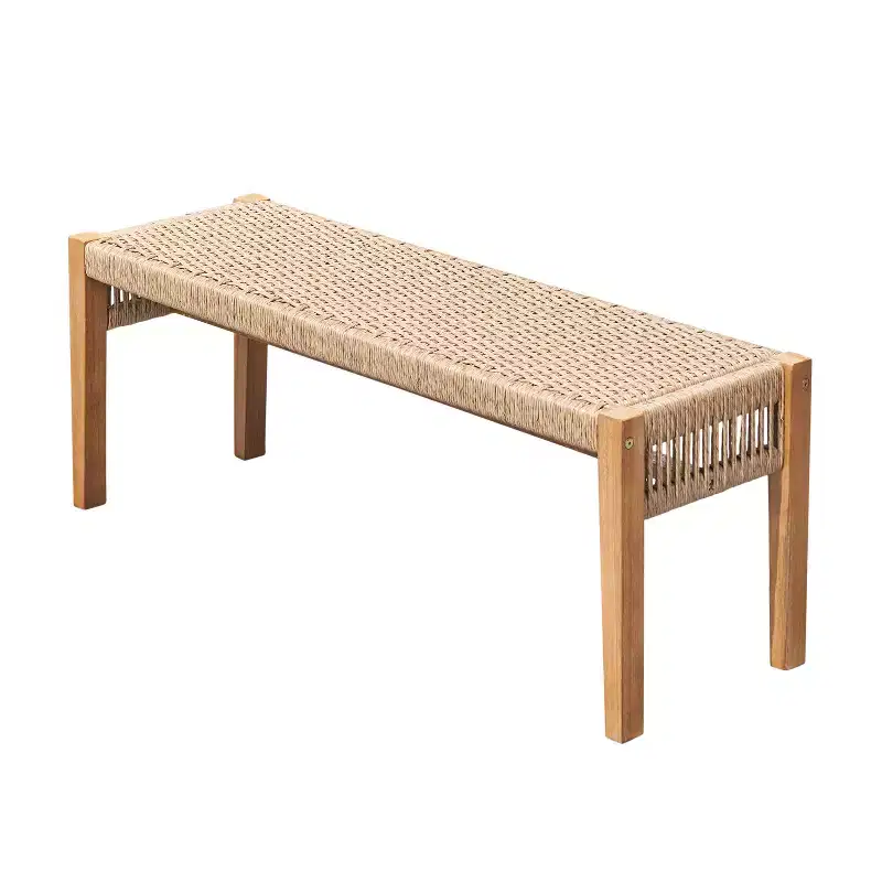 GDFStudio Positano 48 Outdoor Acacia Wood Bench with Strapped Rattan Seat