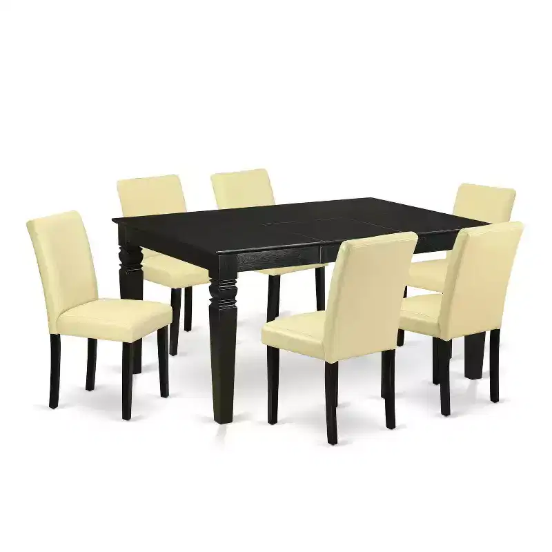 Dinette Table Set 7Pc Rectangular Kitchen Table with 6 Chairs - 42/60 Leaf & Black Legs