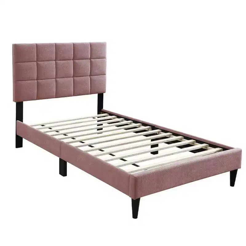 Royal Hampton Twin Bed, Tufted Pink Linen Upholstery, Biscuit Tufted Stitch