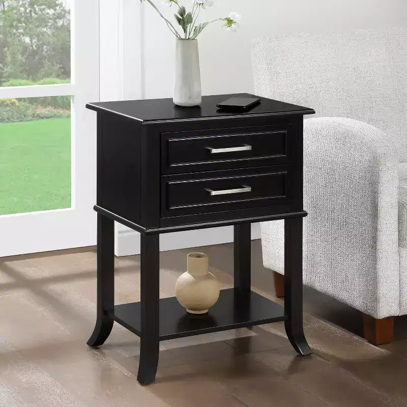 HomeStock Belmont 2 Drawer End Table with Shelf Modern Decorative Molded Front Storage Nightstand Solid Wood Flared Leg Accent Table