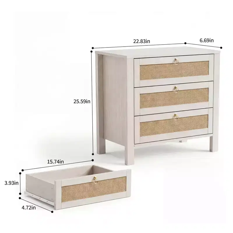 Modern Rattan Nightstand with 3 Drawers, Wooden Bedside Table with Golden Handle, End Side Table for Bedroom, Living Room, 1PC