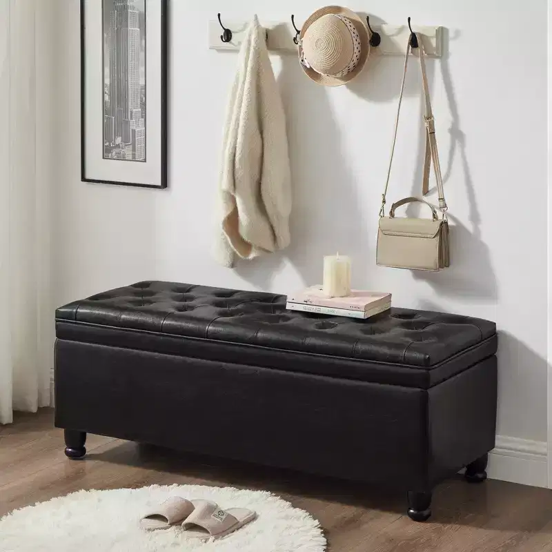 Storage Ottoman Bench with Wood Frame, Faux Leather Upholstery, Linen Button Detail, 45x18x18 in
