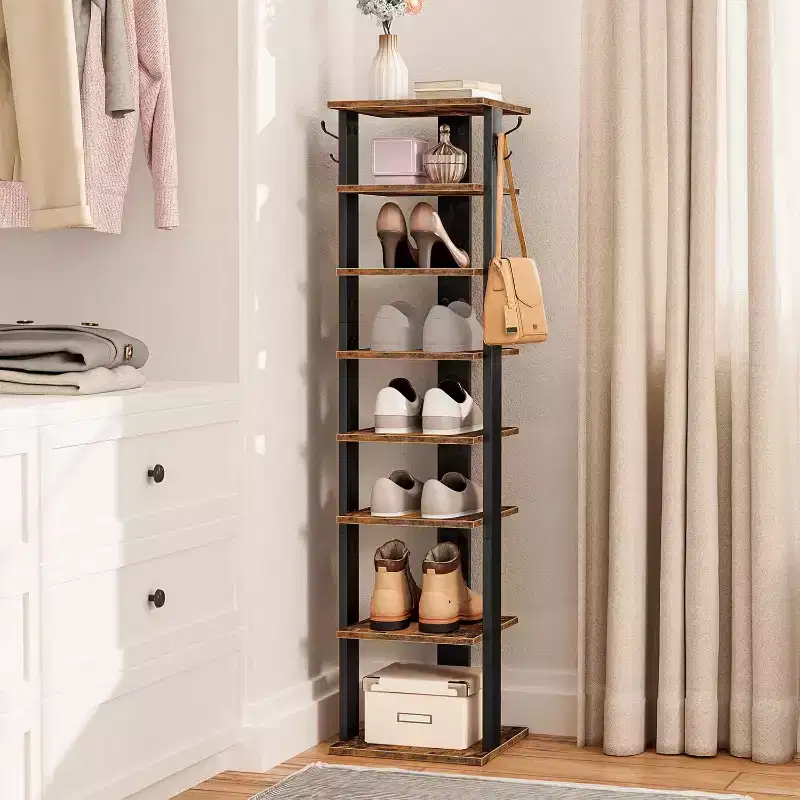 ALUCSET 8 Tiers Vertical Shoe Rack, Wooden Shoe Storage Organizer with Hooks, Narrow Shoe Tower for 8 Pairs, Space Saving, for Entryway, Living Room
