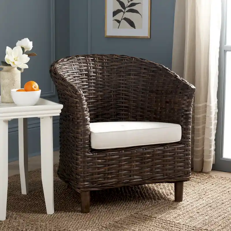 SAFAVIEH Charla Rattan Barrel Chair with Cushion - 29.1 x 27.2 x 32.7 - 29Wx27Dx33H