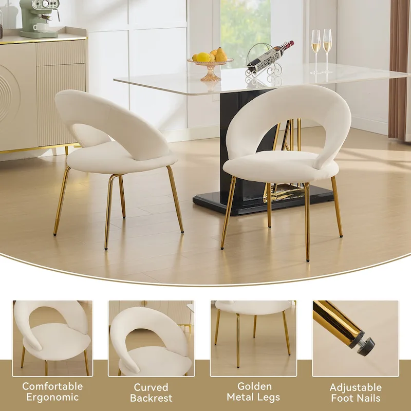 Velvet Dining Accent Chairs with Curved Backrest and Gold Metal Legs - 250lb Capacity
