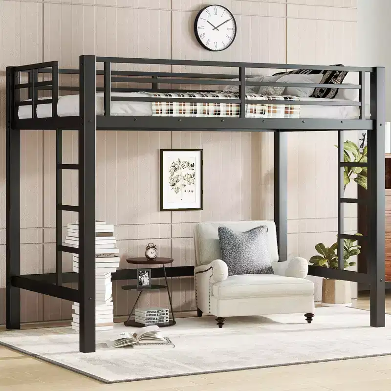Metal Loft Bed, Space-Saving Loft Bed Frame with Dual Ladders & Guardrails, Black - ModernLuxe