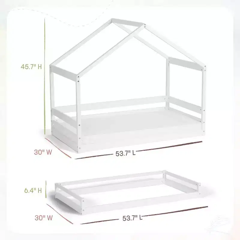 Trellis House Toddler Bed, Safe Low-Profile Kids Bed Frame with House-Shaped Headboard