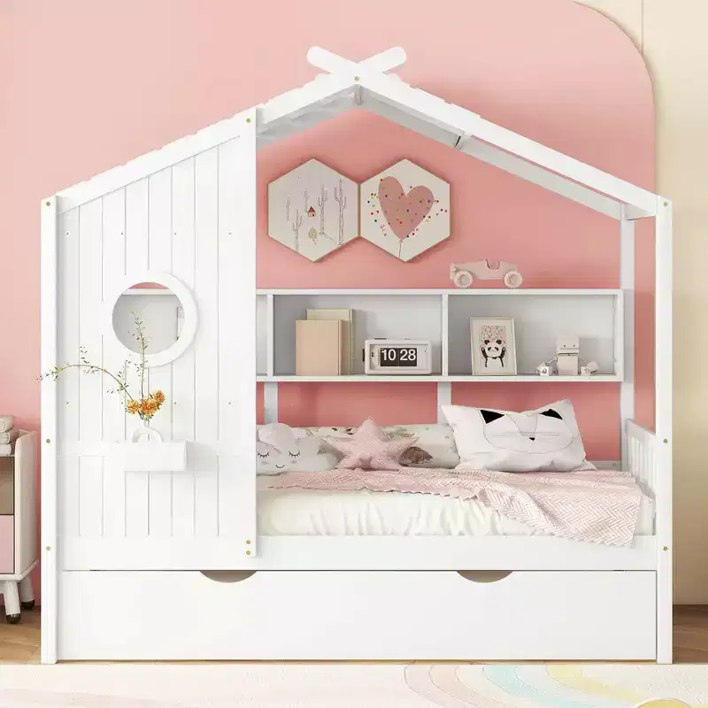 Twin Size House Bed with Trundle, Modern Design for Kids with Storage Shelf, White