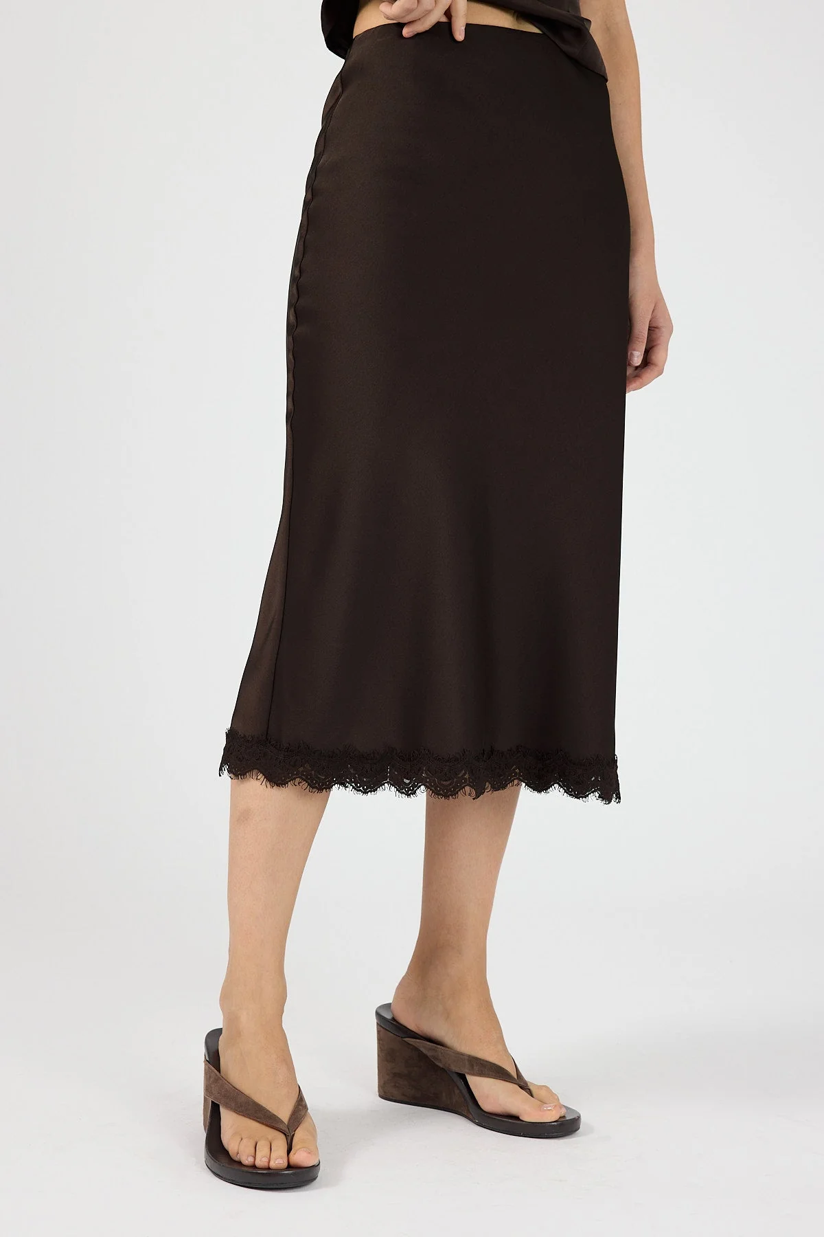 Satin Lace Midi Skirt Brown