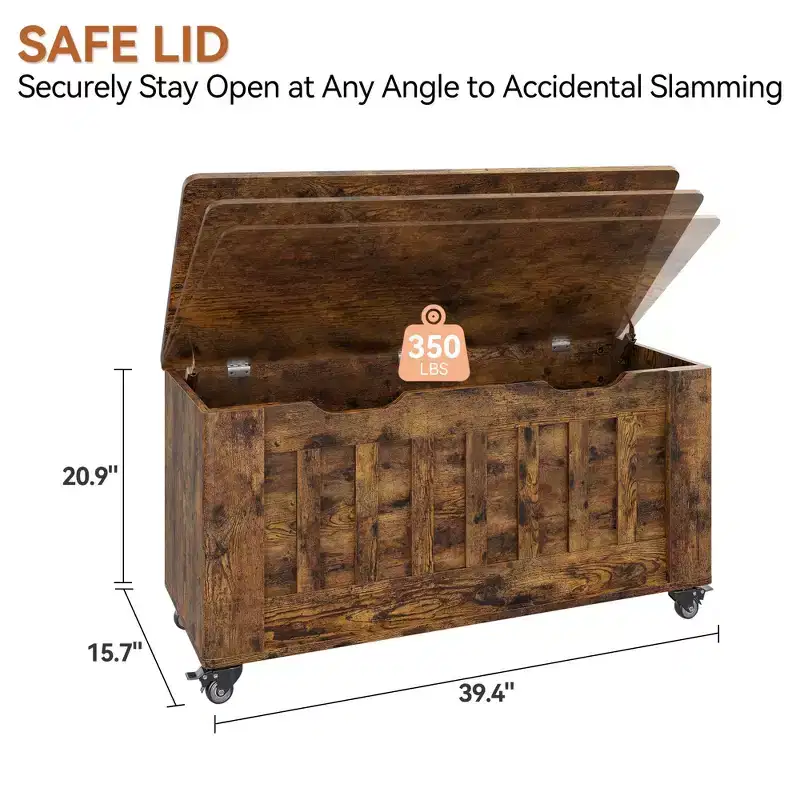 Storage Chest, Wooden Storage Bench with 4 Wheels, 39.4 Storage Trunk with 2 Safety Hinges, Supports 350 Lbs,Round Corner,U-Shape Cutout,for Entryway