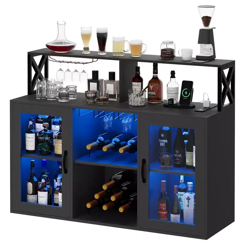 Bar Cabinet, Liquor Cabinet with Power Outlets & LED Lights - Glass Holder/Wine Racks, Coffee Bar