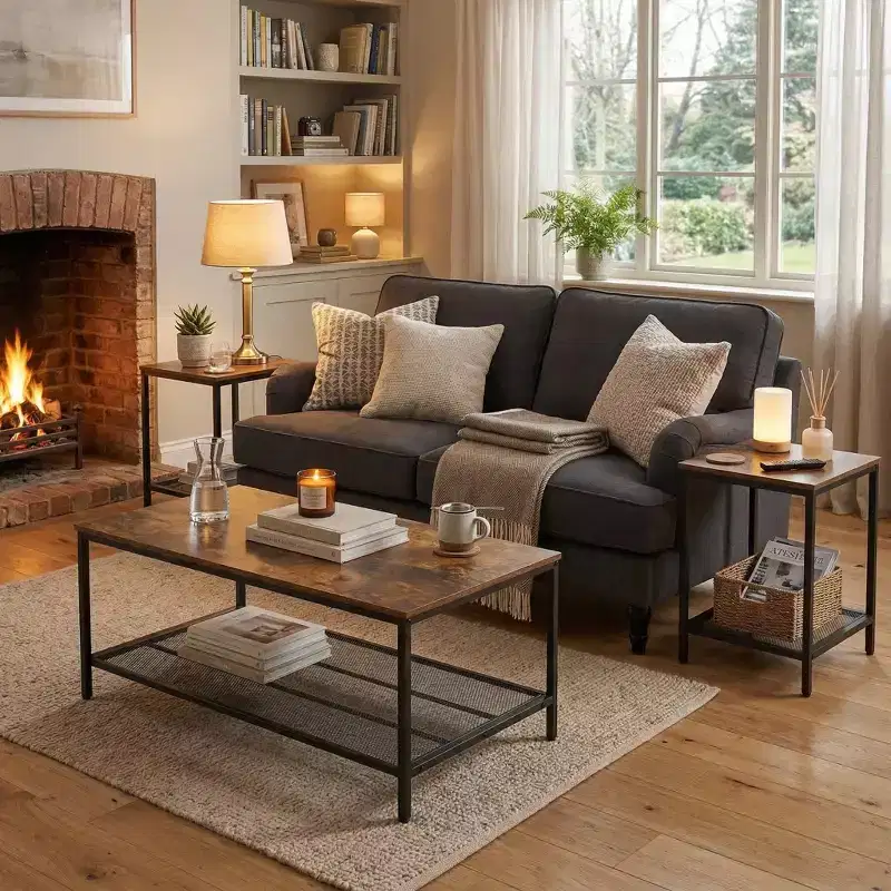 FurnitureR 3 Piece Industrial Coffee Table Set with Storage Shelf, Rustic Living Room Table Set,Includes 1 Coffee Table and 2 End Tables for Sofa Side