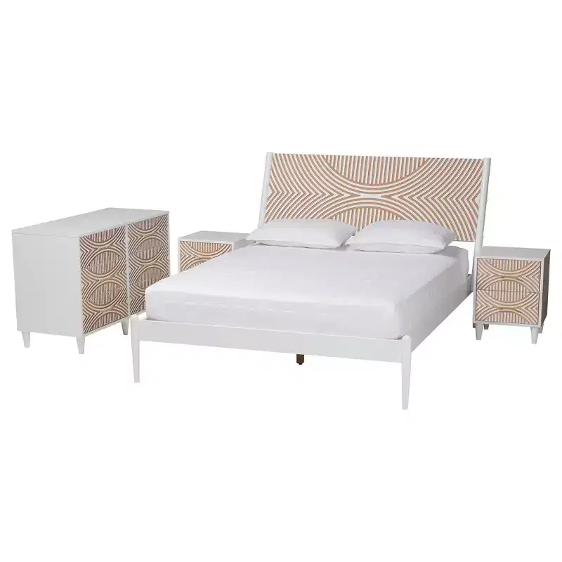Baxton Studio Queen 4pc Louetta Carved Contrasting Bedroom Set White/Natural Brown
