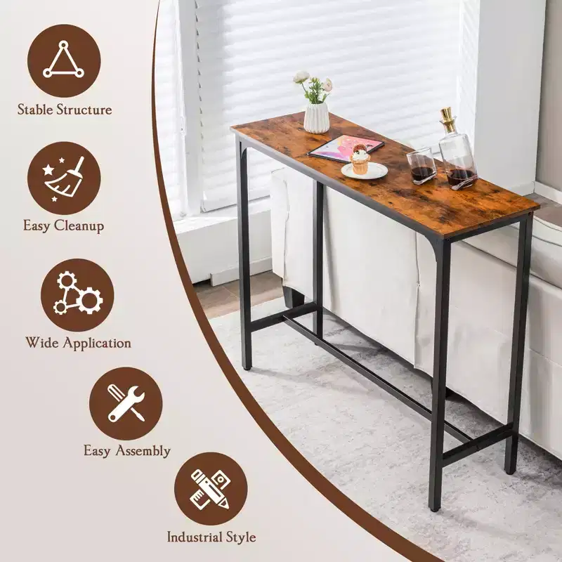 Costway 48 Rectangular Bar Table Kitchen Dining Table w/ Steel Frame & Adjustable Feet