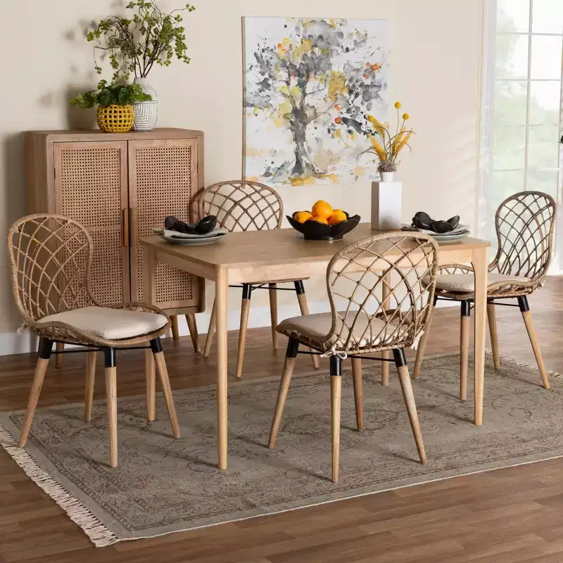 Baxton Studio Sabelle Modern Bohemian Wood and Rattan 5-Piece Dining Set