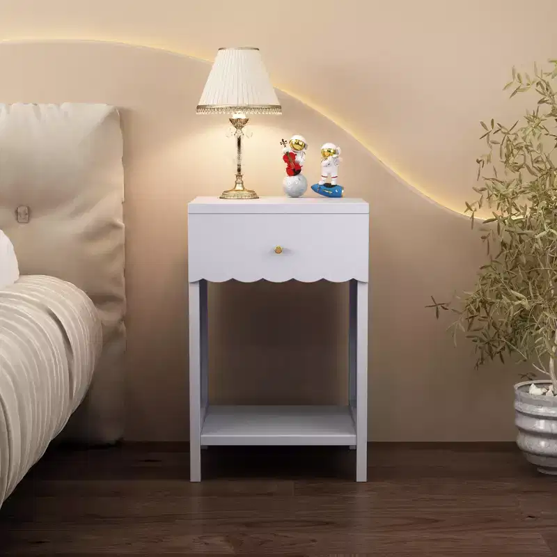 Scalloped Edge Nightstand with Drawer and Open Shelf, 26.77 Tall Bedside Table for Bedroom or Kids Room, Lilac