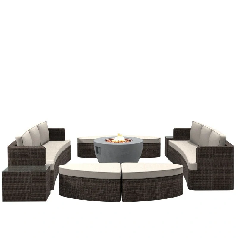 9-piece Patio Wicker Daybed Set with Concrete Fire Pit Table