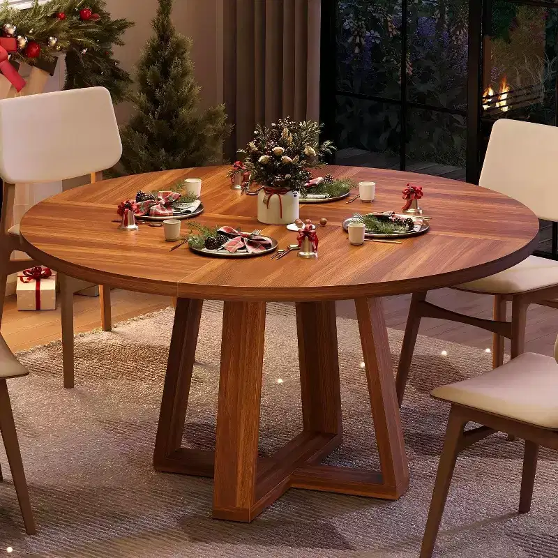 47-Inch Round Dining Table, Seats 4-6, Farmhouse Style with Wood Cross Base, for Living Room and Dining Room
