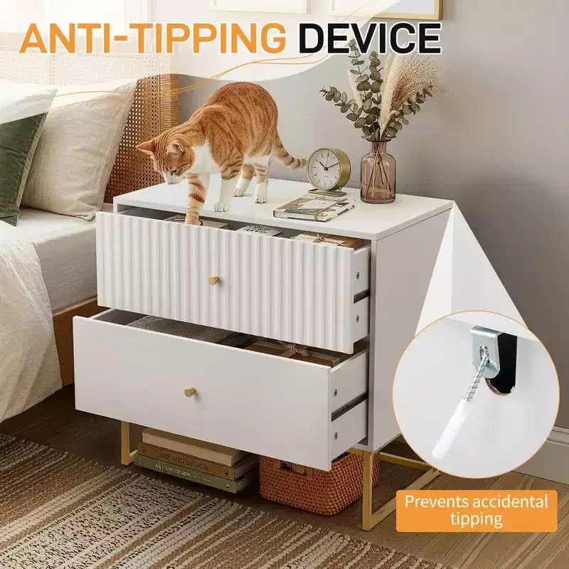 Karl Home White P2 MDF Nightstand Grid Flat 2 Drawers 27.6 Inch