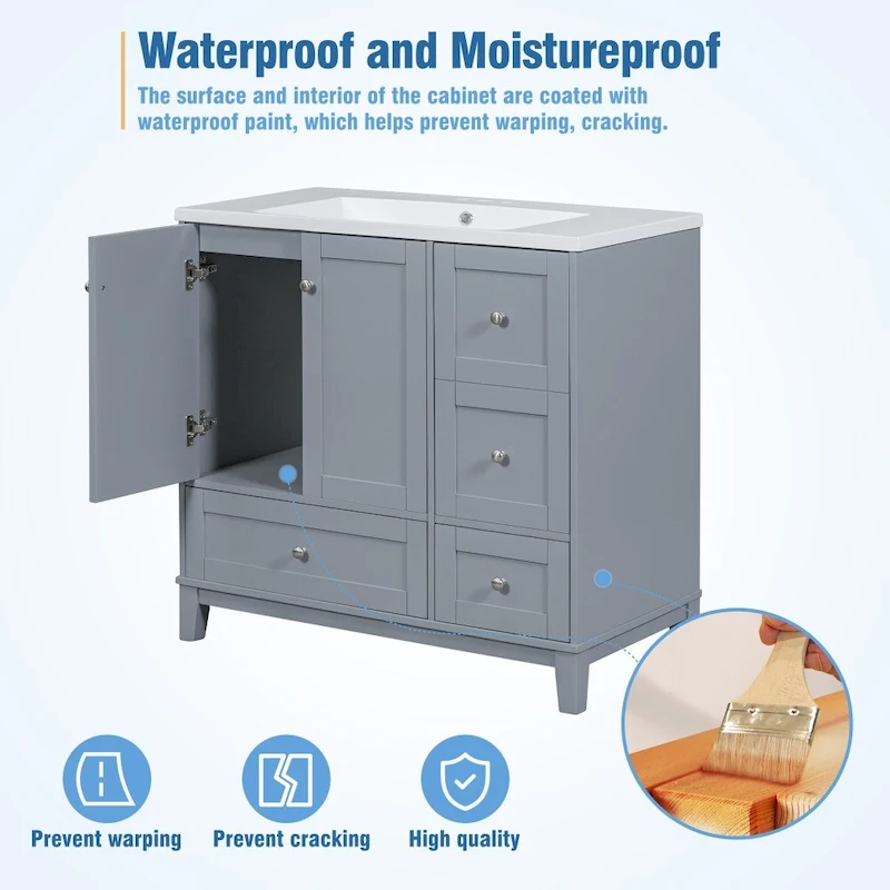 36 Inch Modern Bathroom Vanity with USB Charging and Single Resin top