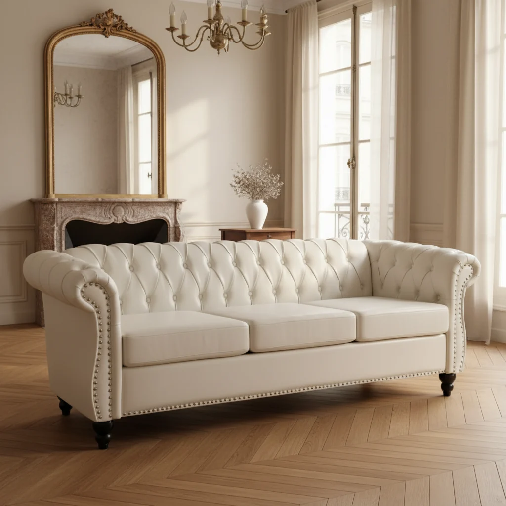 Cream 84.65 Traditional Chesterfield 3 Seater Sofa, PU Leather