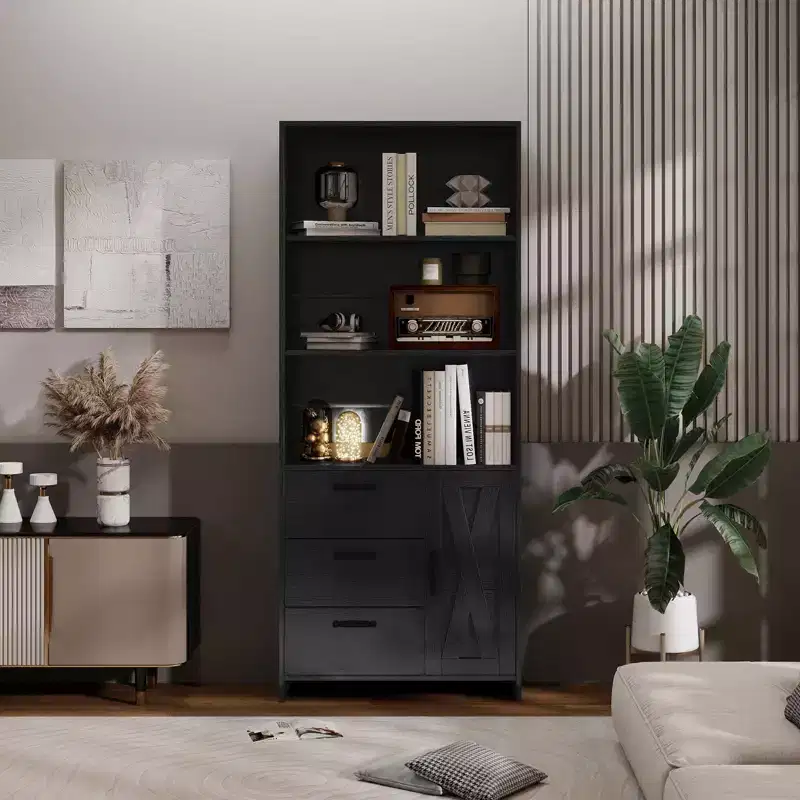 6-Tier Bookshelf with Doors Drawers, Bookcase with 3-Tier Open Shelves, Wood Book Shelf with Storage Cabinet for Home Office, Living Room, Bedroom