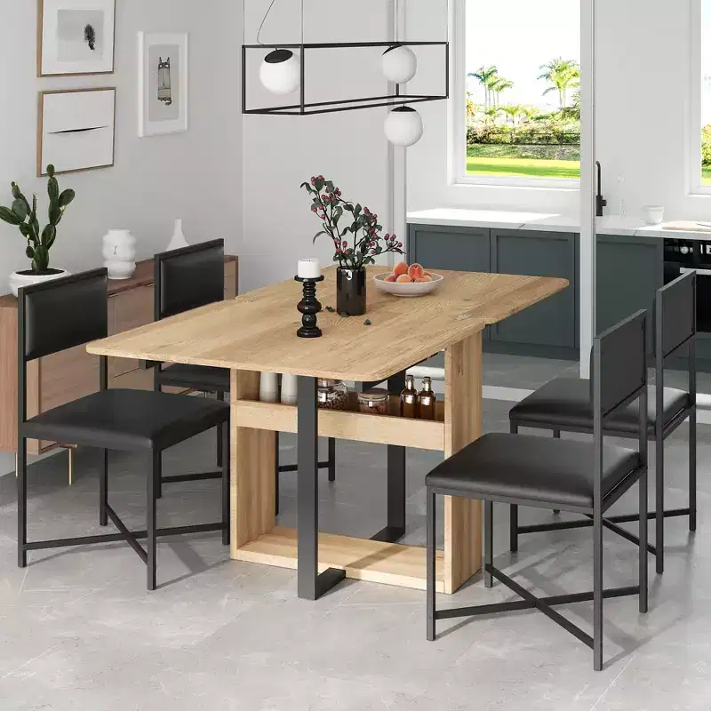 Whisen Modern 5-Piece Extendable Dining Table Set, Foldable Square Table with Leather Upholstered Chairs