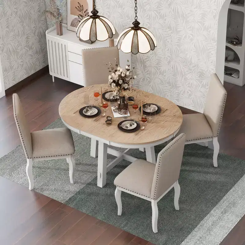 GDFStudio Dana 5 Piece Dining Table Set with Round Extendable Table and Upholstered Chairs