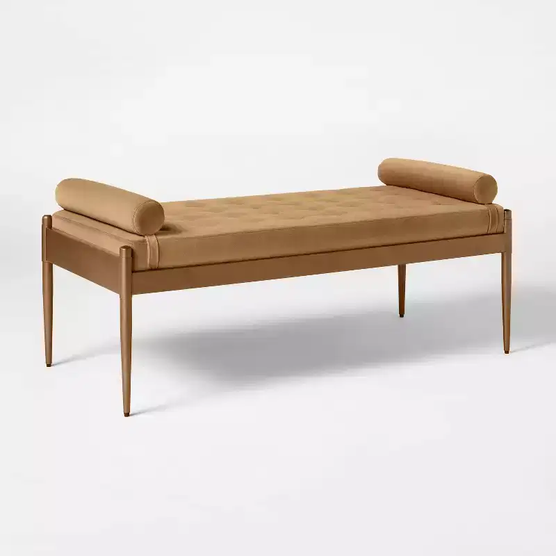 Bolster Tufted Bench, Beige Velvet, Powder-Coated Steel Legs, 225lb Capacity