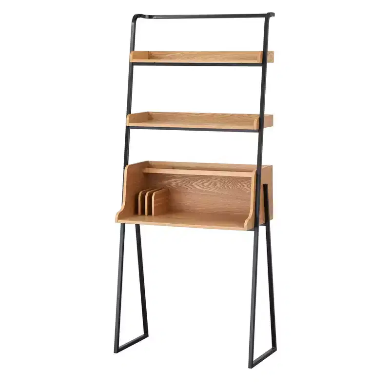 Lifestorey Estanier Desk with Shelves Natural/Black: Industrial Style, Veneer Finish, Metal Frame, Open Storage