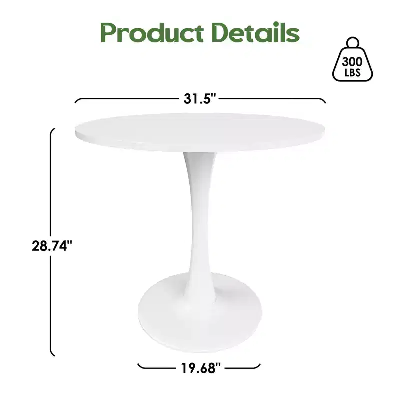 PexFix 31.5 Modern Round Dining Tulip Table for 2-4 People White Wood Tabletop with Metal Pedestal Base for Kitchen Living Room