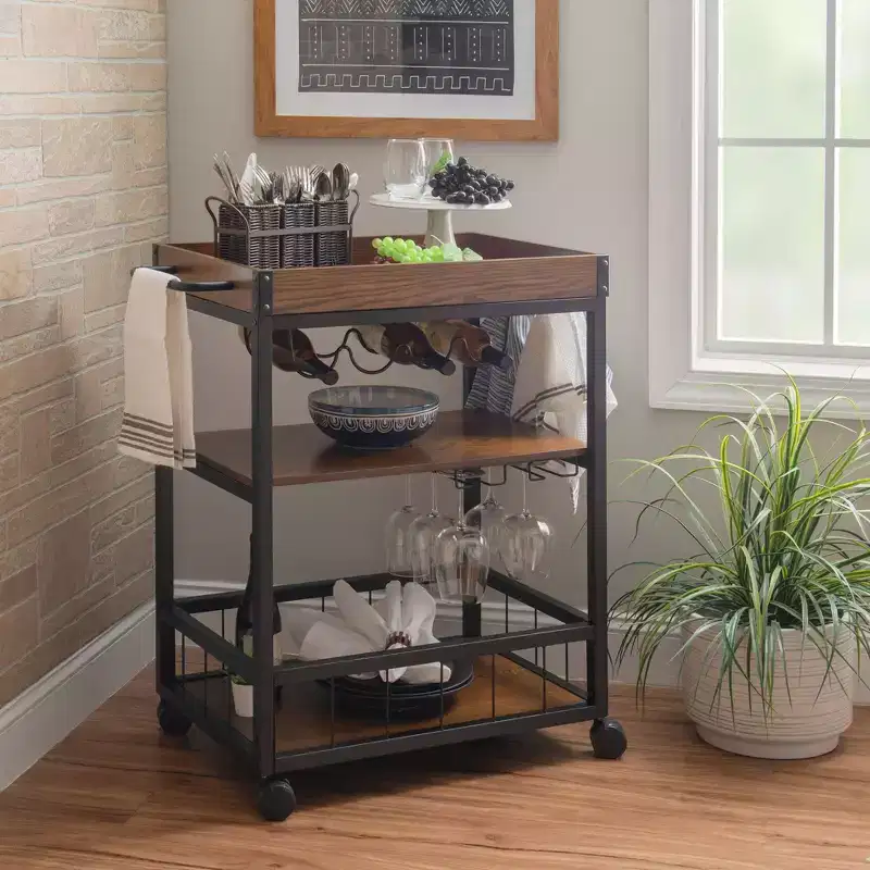 Industrial Metal/Wood Kitchen Cart 3 Shelfs Bottle & Glass Racks Storage on Wheels