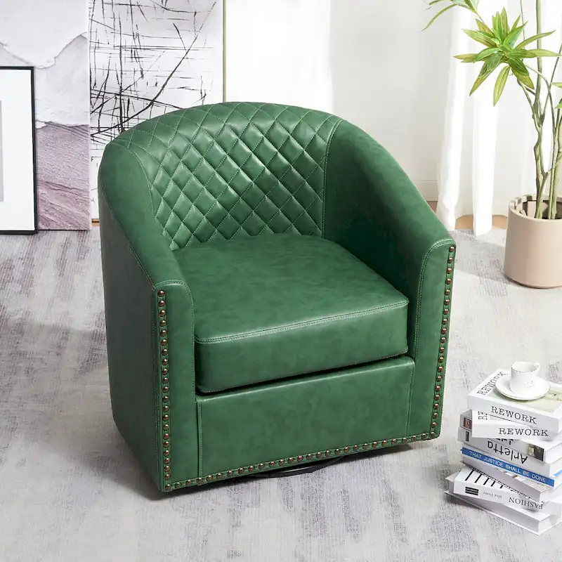 KINWELL 29 Wide Tufted PU Leather Swivel Barrel Chair