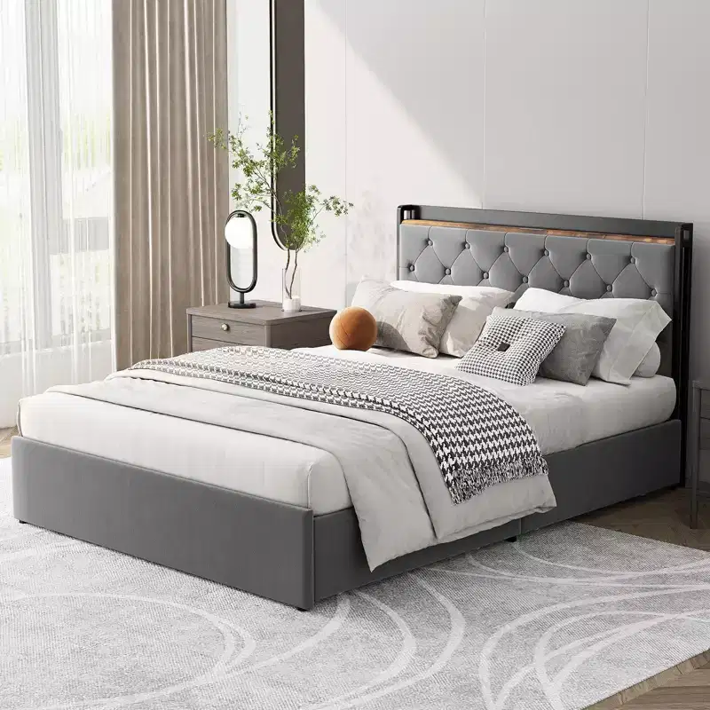 Velvet Bed Frame with Four Storage Drawers and USB Charging Station, Greey Bed Frame with Storage Headboard and Wooden Slats Support