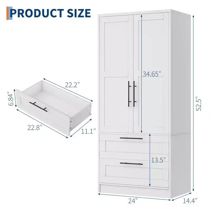 2-Door Wooden Wardrobe with 2 Drawers and Shelf for Hanging Clothes, Freestanding Bedroom Storage Cabinet for Bedroom Living Room