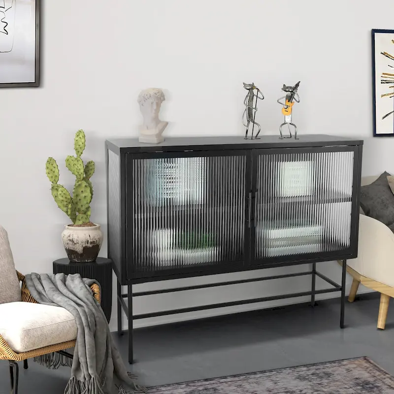 Double Tampered Glass Door Storage Cabinet with Adjustable Shelf