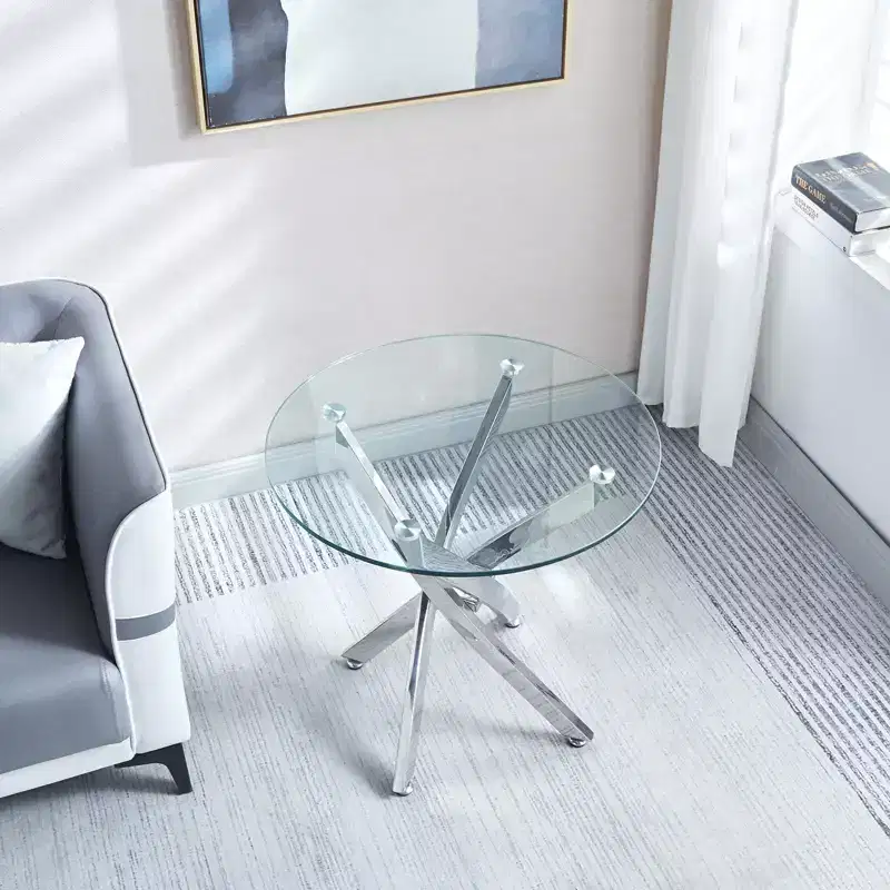 23.6 Inch Round Glass End Table, Tempered Glass Top with Chrome Legs for Living Room Dining Room Home Office