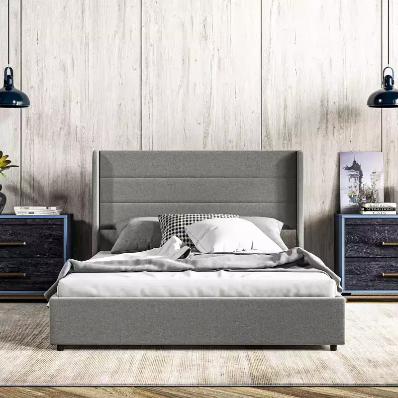 Upholstered Platform Bed Frame with Storage Drawers, Wood Slats, Noise-Free, Light Gray