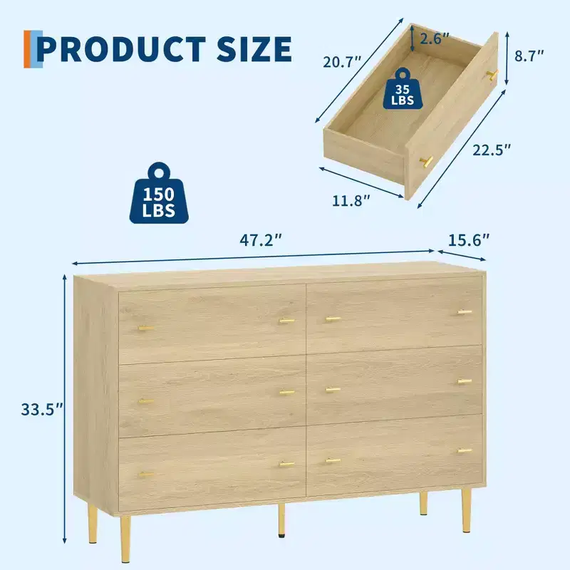 Farmhouse 6 Drawer Dresser, Dresser Wood Rustic Chest, Large Storage, Decorative Storage Cabinet, for Bedroom, Living Room